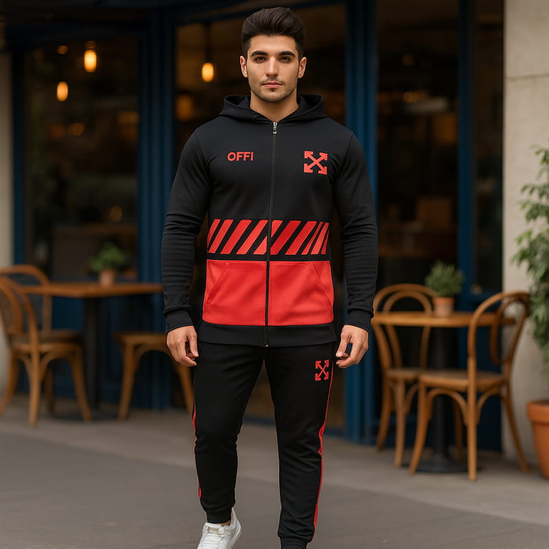 ست سوییشرت شلوار مردانه مشکی قرمزoff-white مدل Manga